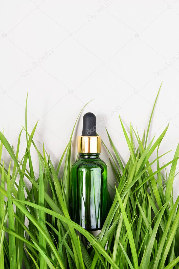 One green glass bottles with serum, essential oil, collagen or other cosmetic product among the green grass on white background. Natural Organic Spa Cosmetic concept Mockup Top view.