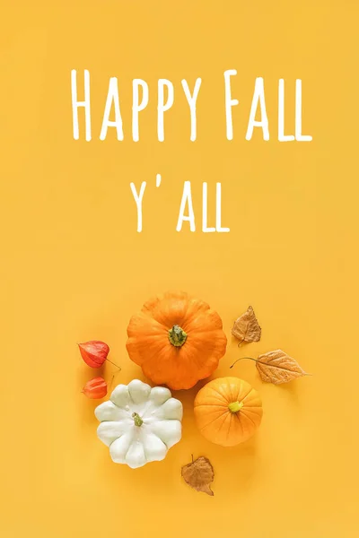 Happy fall y\'all text and fall composition made from pattison, squash, pumpkin and yellow leaves herbarium on orange background. Concept Hello Autumn Top view Flat lay.