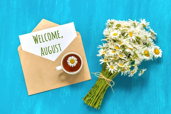 Welcome August Text White Card Craft Envelope Bouquet White Chamomiles — Stock Photo, Image