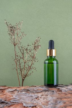 One green glass bottles with serum, essential oil or other cosmetic product and dry flower plant on tree bark against green background. Natural Organic Spa Cosmetic concept. clipart