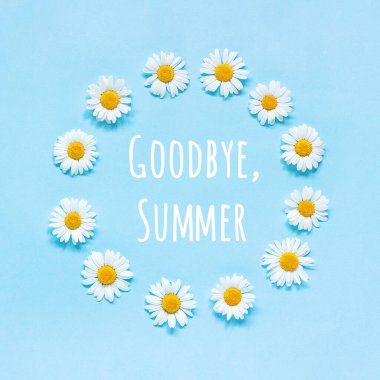 Hoşça kal Yaz metni ve çiçek kompozisyonu. Mavi arka planda papatya çiçekli yuvarlak bir çelenk. Tebrik kartı.