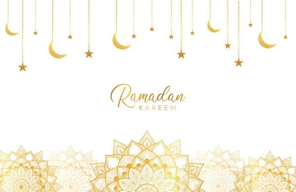 Ramadán Kareem Fondo Con Mandala Oro Luna Estrellas Blanco Ilustración — Vector de stock