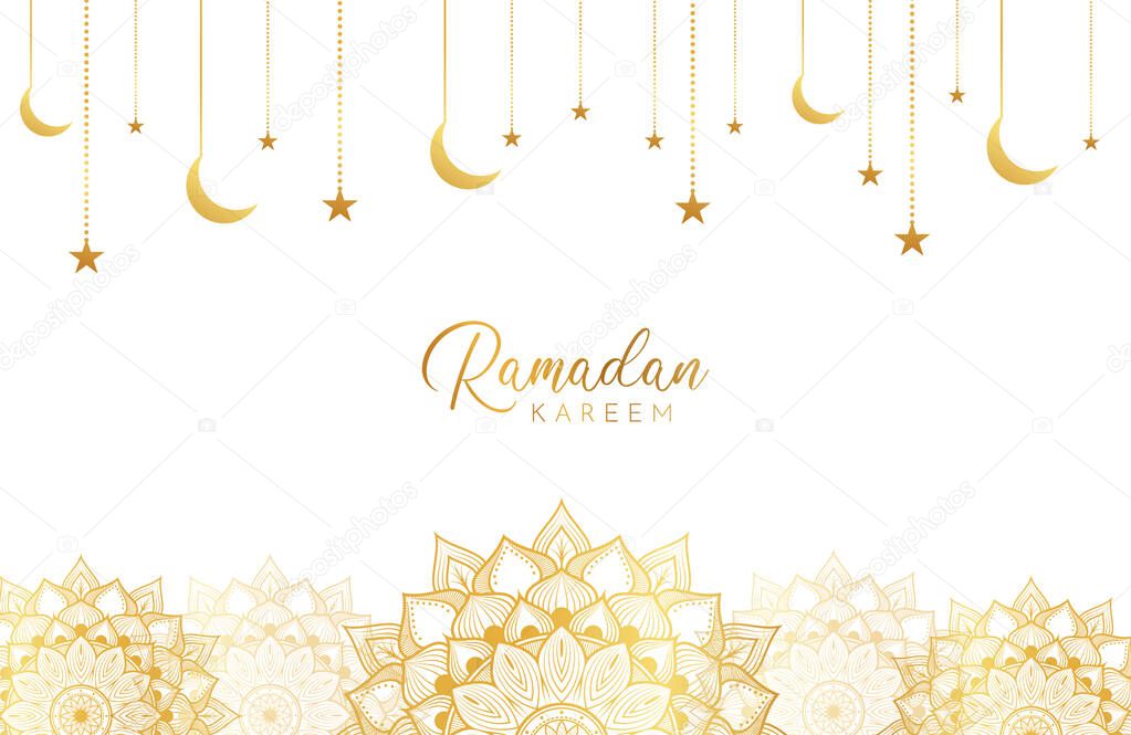 Ramadan kareem background with gold mandala, moon, and stars on white. Vector illustration for Islamic holy month celebrations. Place for your text