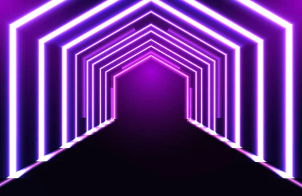 几何隧道霓虹灯效果 现代未来派背景 具有霓虹灯效应的网络庞克概念几何线 — 图库矢量图片