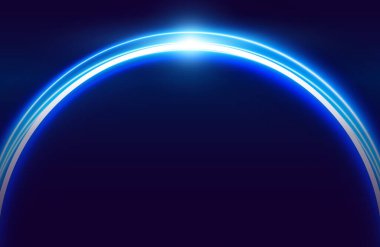 Çember neon ışık efekti koyu arkaplanda izole, mavi neon renkli yuvarlak ışık çizgileri. Bilim, fütüristik, enerji ve tekno için soyut arkaplan
