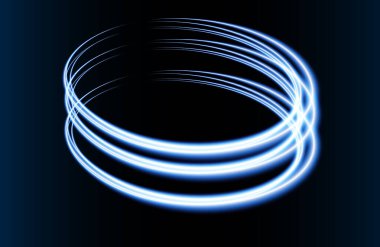 Mavi soyut daire ışık efekti mavi arkaplanda izole edilmiş, yuvarlak ışık çizgileri mavi renkte. Bilim, fütüristik ve enerji için soyut arkaplan