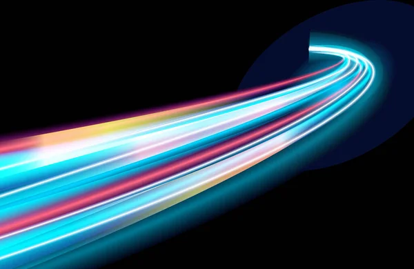 概要動ぼかし効果 速度背景を持つカラフルな光の道 未来的なネオンライト効果 光の概念背景の速度 — ストックベクタ