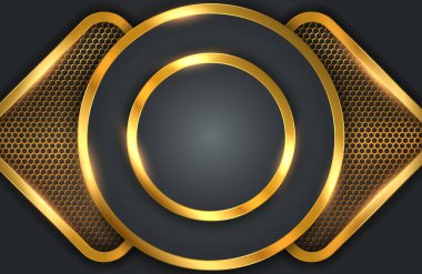 Altın metal elementli modern soyut siyah arka plan. Altın ağla dokulu karbon dilimlenmiş şekillerin geometrik çizimi.