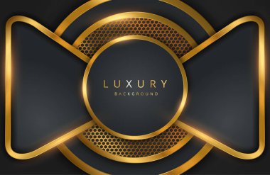 Parlak altın renkli geometrik şekilli gerçekçi bir arka plan. Siyah yüzey üzerinde vektör altın geometri şekli Grafik tasarım elementi. Lüks Şablon