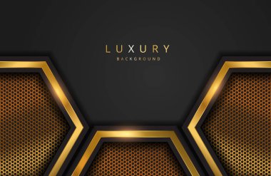 Parlak altın renkli geometrik şekilli gerçekçi bir arka plan. Siyah yüzey üzerinde vektör altın geometri şekli Grafik tasarım elementi. Lüks Şablon