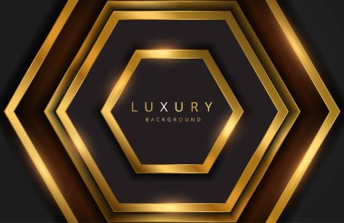 Parlak altın renkli geometrik şekilli gerçekçi bir arka plan. Siyah yüzey üzerinde vektör altın geometri şekli Grafik tasarım elementi. Lüks Şablon