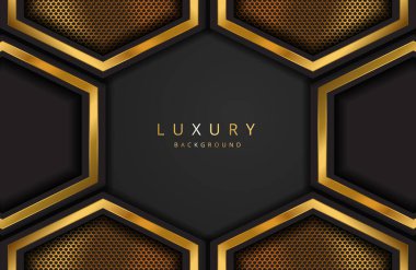 Parlak altın renkli geometrik şekilli gerçekçi bir arka plan. Siyah yüzey üzerinde vektör altın geometri şekli Grafik tasarım elementi. Lüks Şablon