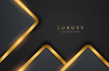 Parlak altın renkli geometrik şekilli gerçekçi bir arka plan. Siyah yüzeyde vektör altın geometri şekli. Grafik tasarım elementi. Lüks Şablon