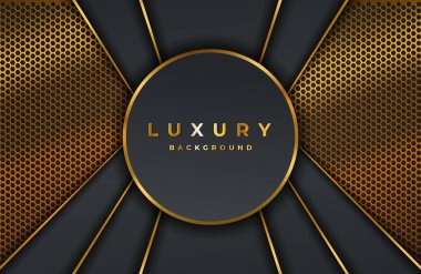 Parlak altın renkli geometrik şekilli gerçekçi bir arka plan. Siyah yüzeyde vektör altın geometri şekli. Lüks Şablon