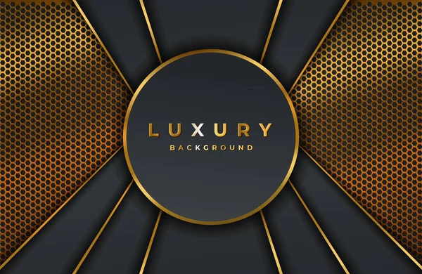 Parlak altın renkli geometrik şekilli gerçekçi bir arka plan. Siyah yüzeyde vektör altın geometri şekli. Lüks Şablon