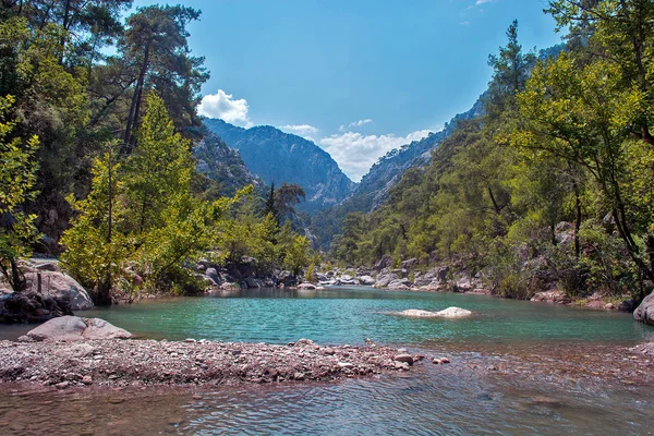Dağlarda mavi nehir ile Doğal derin yeşil kanyon