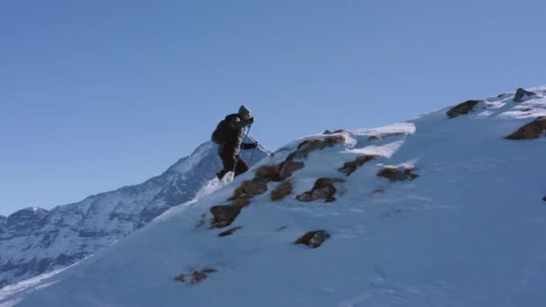 Aerial Flight Mountain Peak Hiker Climbing Swiss Alps Adventure Concept — Stock Video