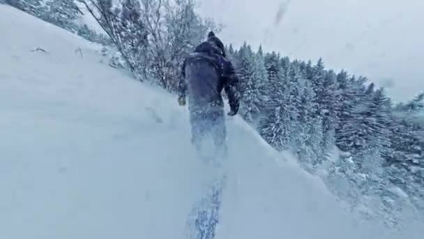 Человек на сноуборде экстремальный сноуборд вниз крутой склон деревьев зимний отпуск экстремальные снежные приключения 360 широкий угол медленное движение 8k Hdr — стоковое видео