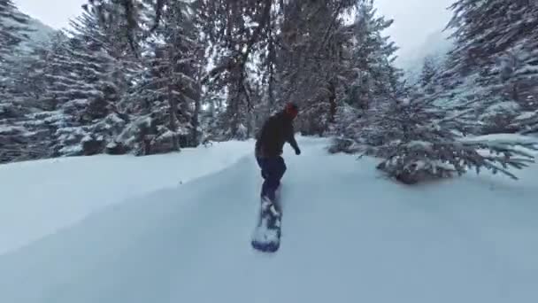Snowboard masculino cavaleiro deslizante downhill madeiras extrema inverno esportes ação extrema neve aventura 360 grande ângulo lento movimento 8k Hdr — Vídeo de Stock