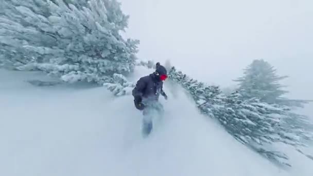 Snowboarder Snelheid naar beneden Steile helling Bomen Extreme Wintersport Vrijheid Natuur Sneeuw Vrije tijd 360 Brede hoek Slow Motion 8k Hdr — Stockvideo