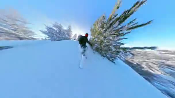 Snowboard Man ryttare glida ner för ett berg träd fara söker livsstil frihet natur snö fritid 360 bred vinkel långsam rörelse 8k Hdr — Stockvideo