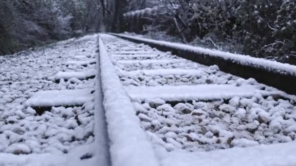 冬の旅の間にビューを閉じ錆びた鉄道線路カメラの追跡社会的制限スローモーション4k Hdr. — ストック動画