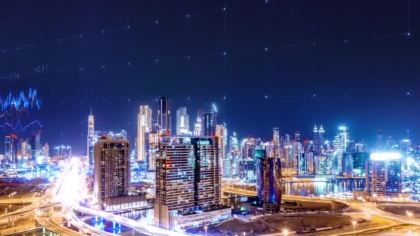 Skyline panorámico de la ciudad metropolitana con la formación 3D del gráfico del candelero con la tendencia alcista digital de los datos o la tendencia bajista del precio de la inversión del mercado de valores y la tecnología financiera Drone Low Light 4k — Vídeo de stock