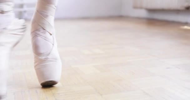 Elegante vrouwelijke voeten dragen tipteen schoenen zelfopoffering breekbaarheid concept professionele ballet slow motion rood epos — Stockvideo