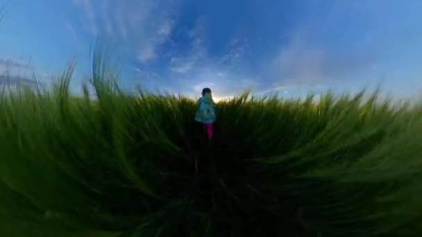 黄金の夕日を眺めながら外で遊ぶかわいい女の子アウトドア楽しい家族旅行360 VR映像一人目8kスローモーション — ストック動画