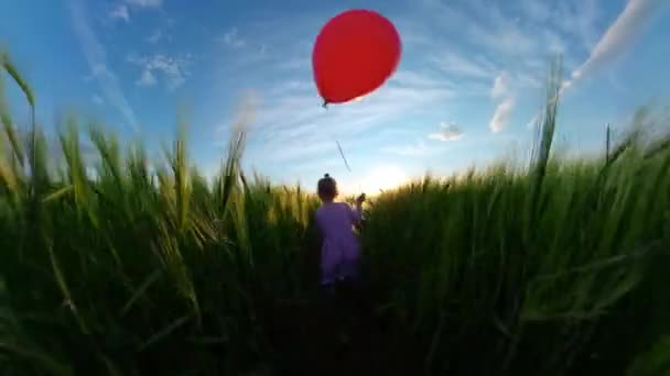 Gün batımında parkta koşarken çekilen çocuk görüntüsü balon tatilinde mutlu aile 360 Vr görüntü ilk kişi 8K — Stok video