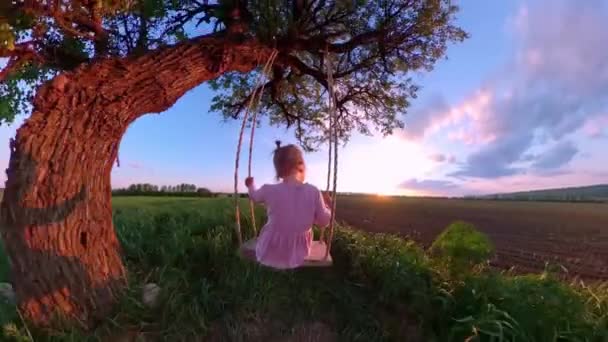 Tahta salıncakta oturan güzel kızın arka görünüşü Tatil sırasında gün batımının keyfini çıkarması Mutlu çocukluk rüyası 360 Vr görüntü ilk kişi 8k Yavaş Hareket — Stok video