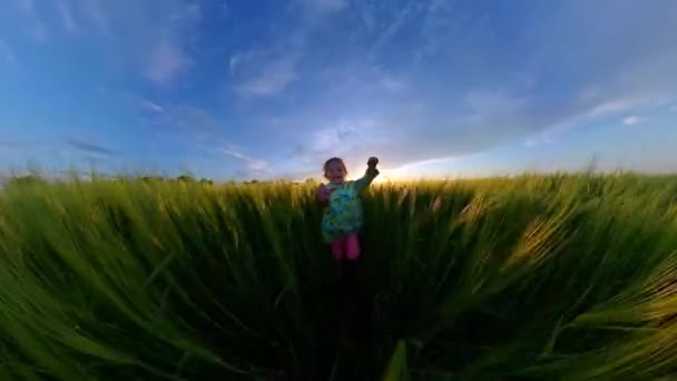 Ojciec Holding Spinning Córka gra na zewnątrz patrząc na złoty zachód słońca Natura i eksploracja Happy Childhood 360 Vr Video First Person 8k Slow Motion — Wideo stockowe