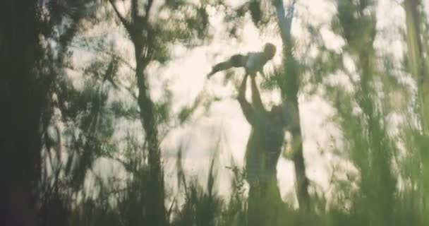 Padre vomitando en el aire lindo niño al atardecer disfrutando de tiempo juntos naturaleza al aire libre vacaciones feliz infancia familia visión recuerdos rojo cámara lenta 8k — Vídeos de Stock