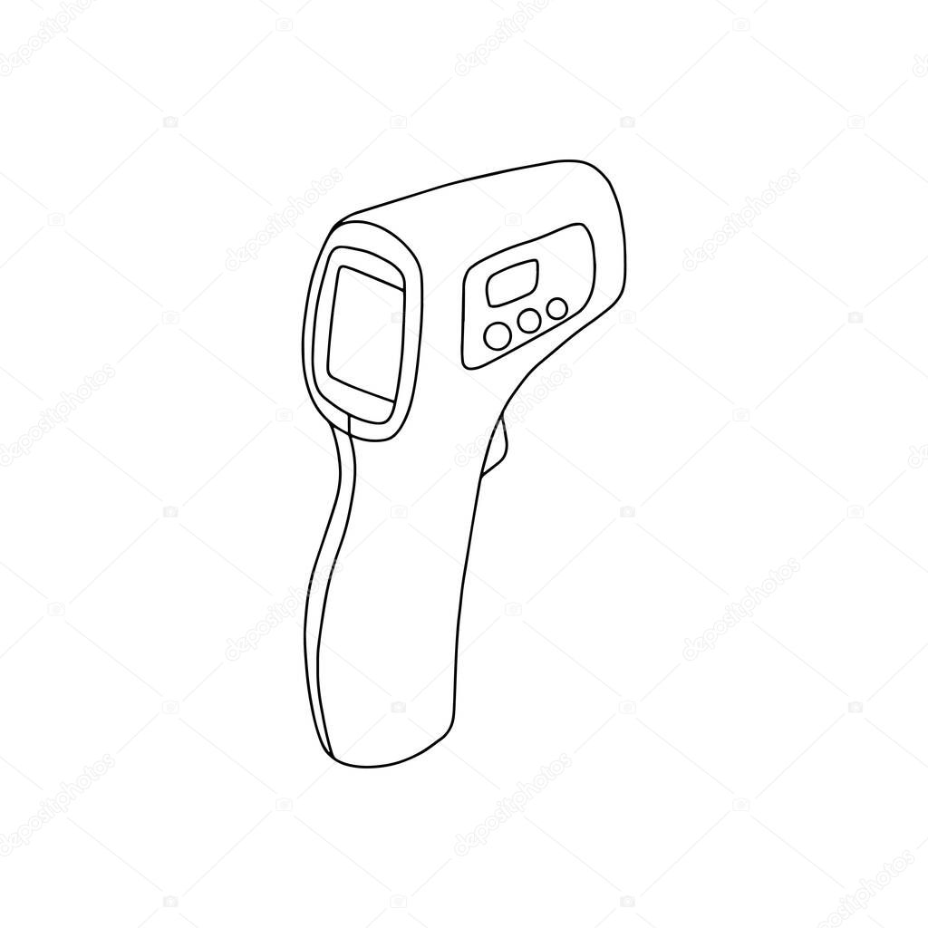 Non-contact laser thermometer linear illustration. Infrared non-contact laser thermometer for remote temperature measurement in case of illness or virus.