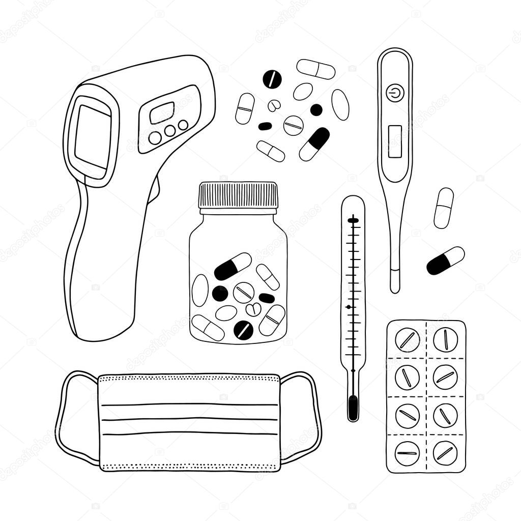 Linear, black and white, medical illustrations. The set includes: medical thermometers, tablets, protective medical mask.