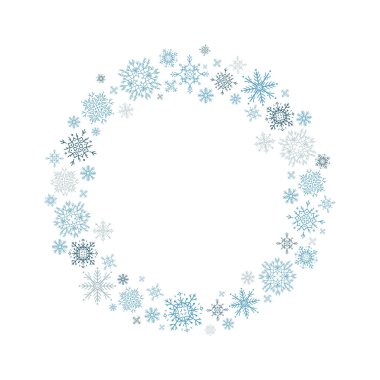 Beyaz arka planda elle çizilmiş mavi kar taneleri çelengi. Noel ve yeni yıl kartpostalları ve dekorasyonları için mükemmel. Sıcak, neşeli bir ruh hali..