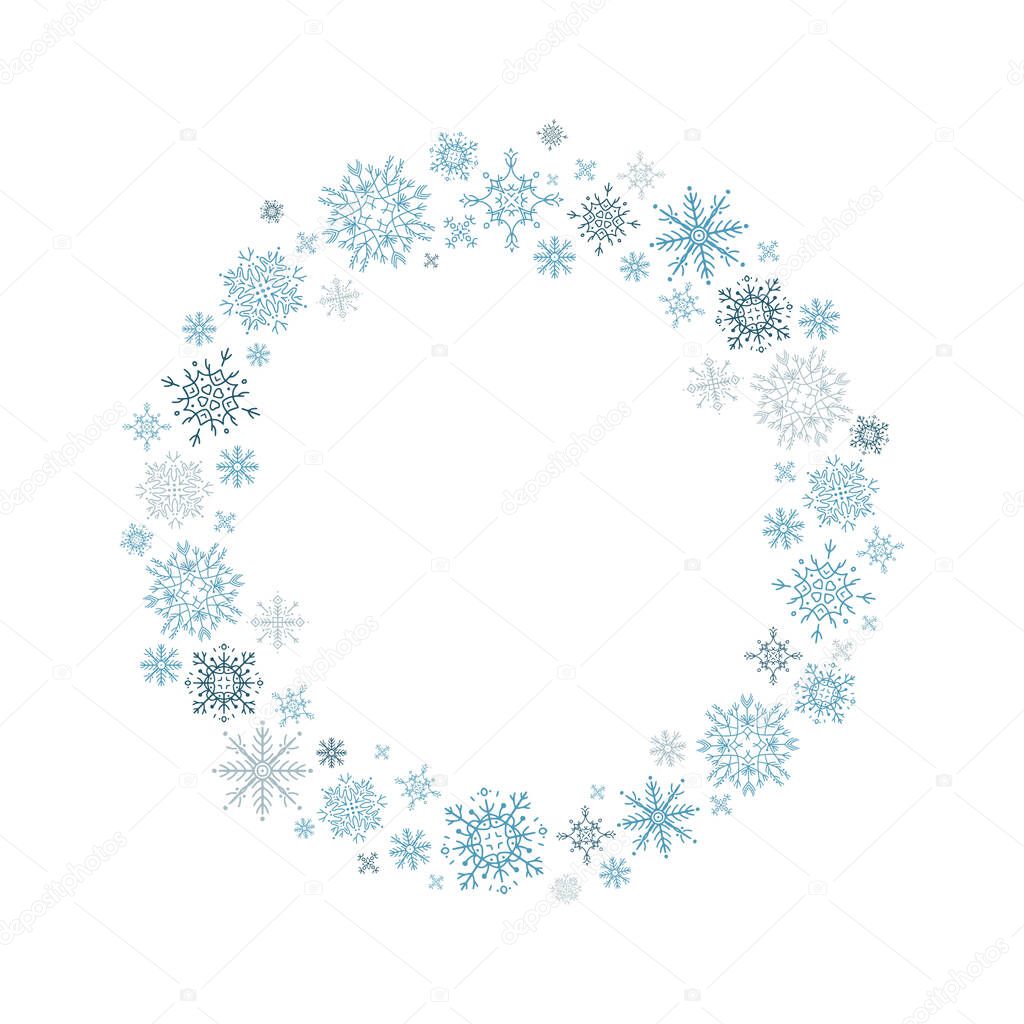 Wreath of hand-drawn blue snowflakes on white background. Perfect for Christmas and New Year postcards and decorations. Cozy, festive mood.