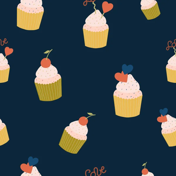 Naadloze Achtergrond Van Veelkleurige Cupcakes Heerlijke Cupcake Belegd Met Slagroom — Stockvector