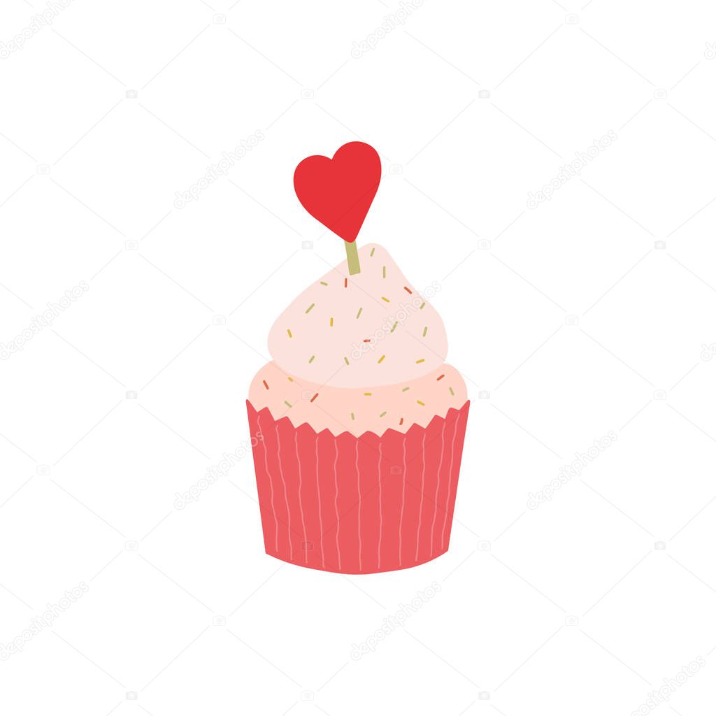 Cupcake with heart on top. Delicious cupcake topped with a cherry and whipped cream and sweeties. Perfect for Valentine's Day.