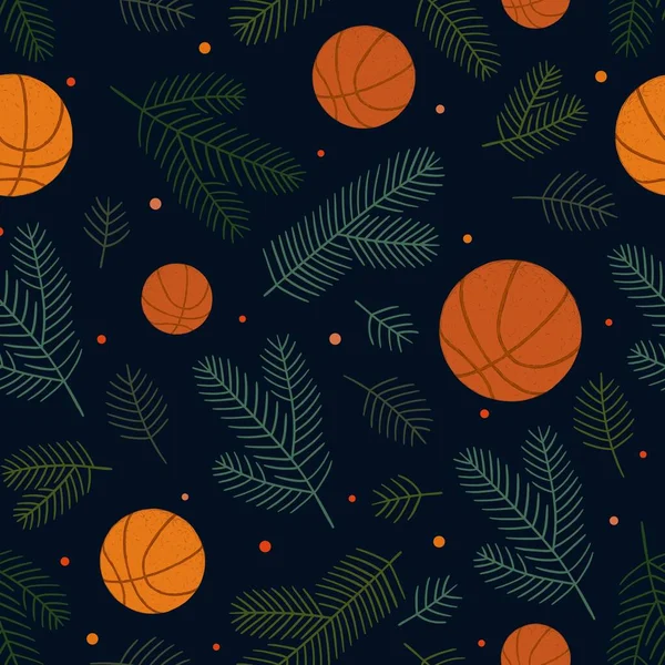 Χριστούγεννα Αδιάλειπτη Φόντο Μπάλες Μπάσκετ Και Έλατο Σάλια Πράσινο Σκούρο — Διανυσματικό Αρχείο