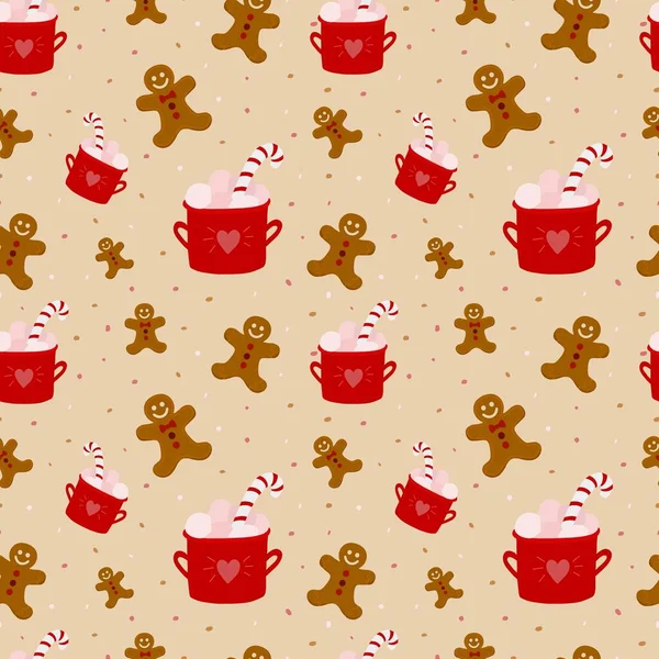 Sfondo Natale Senza Cuciture Tazza Cacao Con Marshmallow Pan Zenzero — Vettoriale Stock