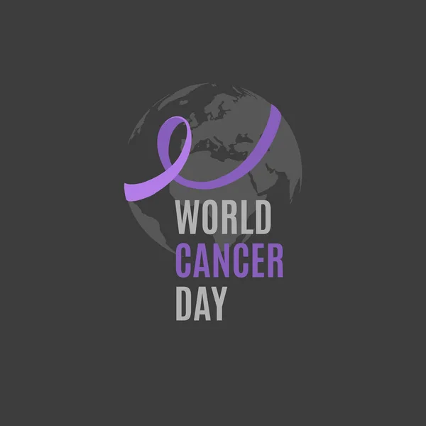 世界がんデー ラベンダーのリボンが地球を取り囲みます 毎年2月の国立がん予防月間と世界がんデーのポスターやロゴ — ストックベクタ