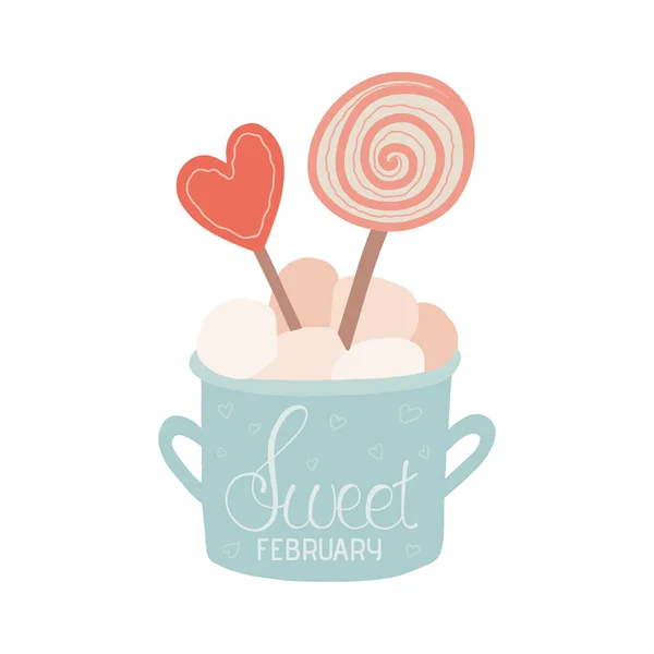 Een Kop Cacao Met Marshmallows Lolly Letteren Sweet February Met — Stockvector