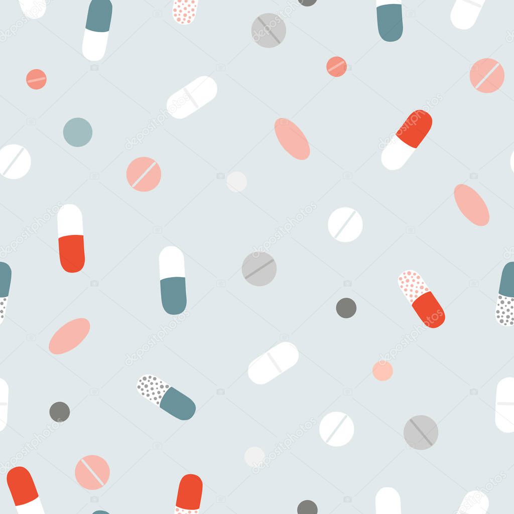 Seamless pattern of tablets and pills. Medicine or dietary supplements. 