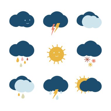 El çizimi hava durumu ikonları. Meteoroloji için iklim sembolü. Güneş, yağmur, kar ve fırtına ikonlarıyla çizilmiş karikatür meteoroloji ikonları. Meteorolojinin modern izole edilmiş simgelerini tahmin et. 