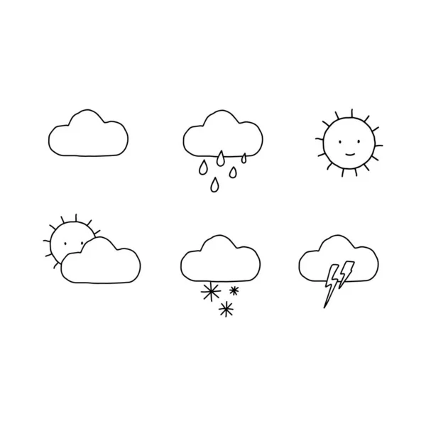 Handgezeichnete Lineare Wettersymbole Wettersymbole Mit Sonne Regen Schnee Und Sturm — Stockvektor