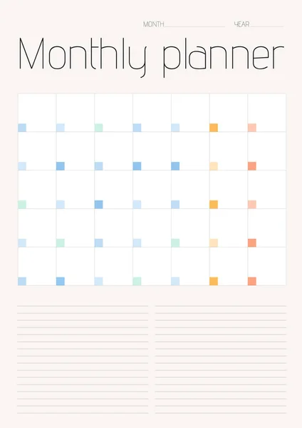 Månatliga Planerare Med Plats För Anteckningar Alla Dagar Månaden Andel — Stock vektor
