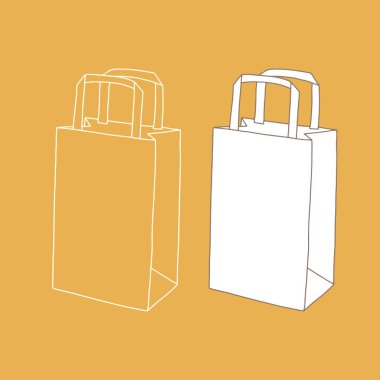 Kese kağıdının saplı hali. Paketleme şablonu maketi. Teslimat hizmeti konsepti. Uzayı kopyala Doğrusal, vektör, gerçekçi, özet çizimi.