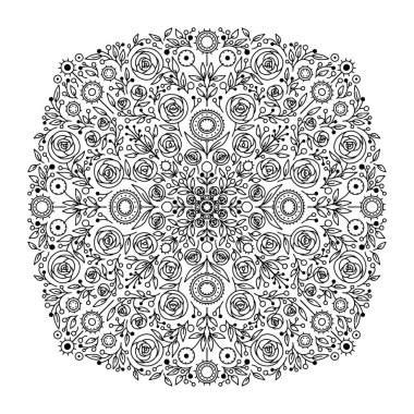 Soyut Mandala. Yetişkin boyama kitabı için siyah beyaz desen. Şekillendirilmiş çiçekli dekoratif elementler. Doğulu desen, illüstrasyon.