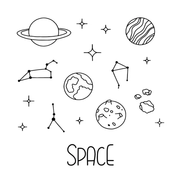 Raumsymbole Mit Planeten Und Sternbilder Mit Schriftzügen Illustration Der Vektorlinie — Stockvektor